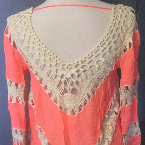 ❌DONATED❌Coral Mango Soft Crochet V-neck Symmetrical Top - Picture 3 of 10
